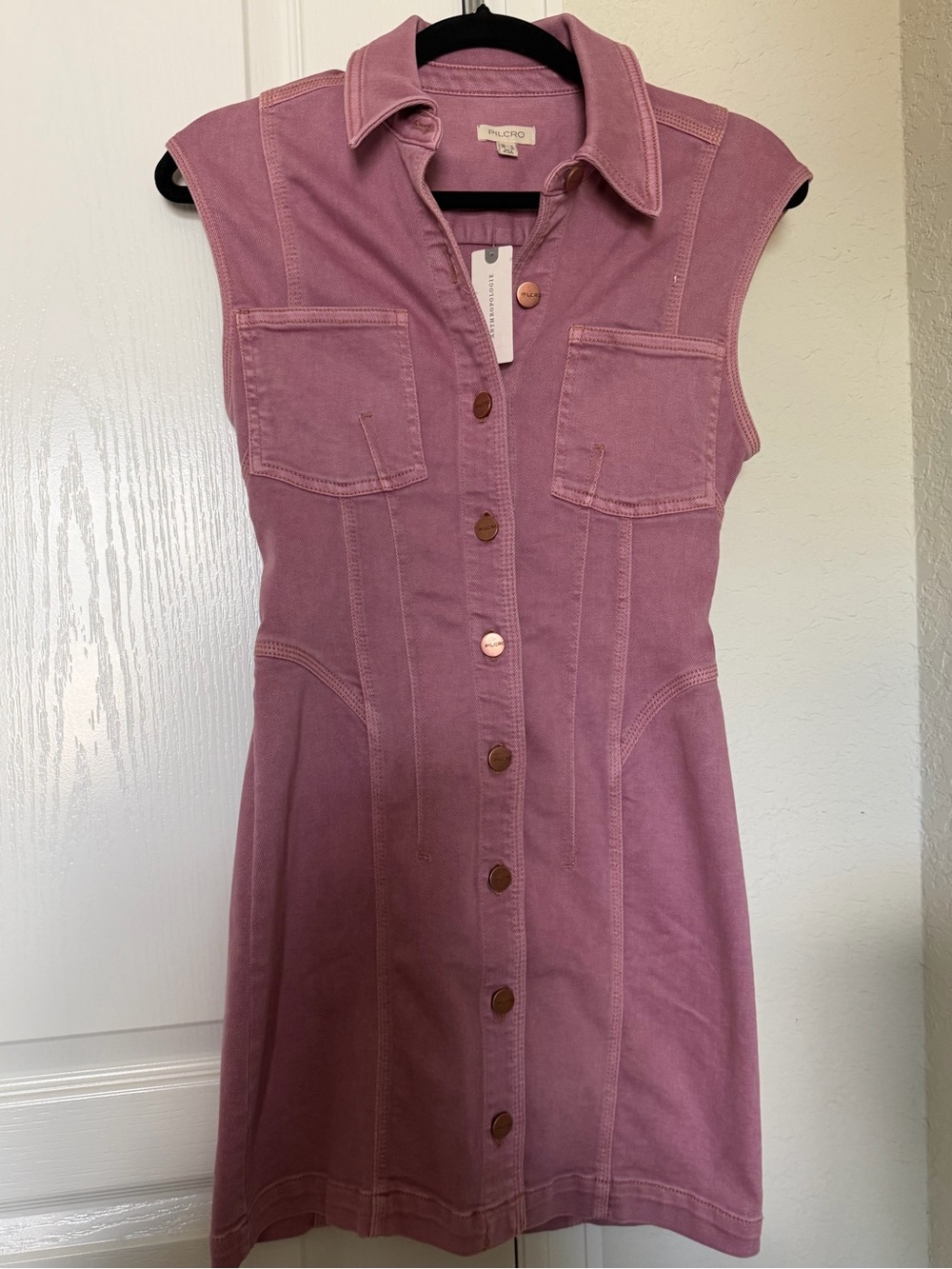 Pilcro Mauve Button-Front Sleeveless Denim Mini Dress